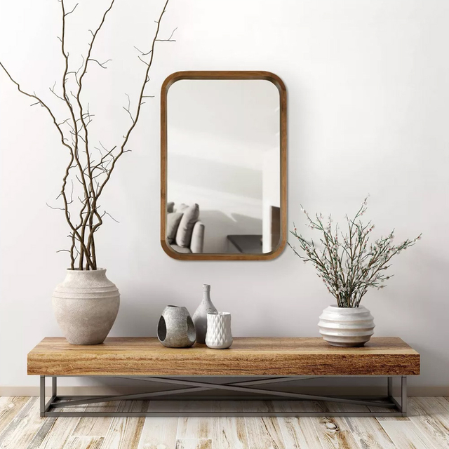 Rectangle with Round Corner Vertical and Horizontal Install Home Decoration Solid Wooden Frame Wall Mirror