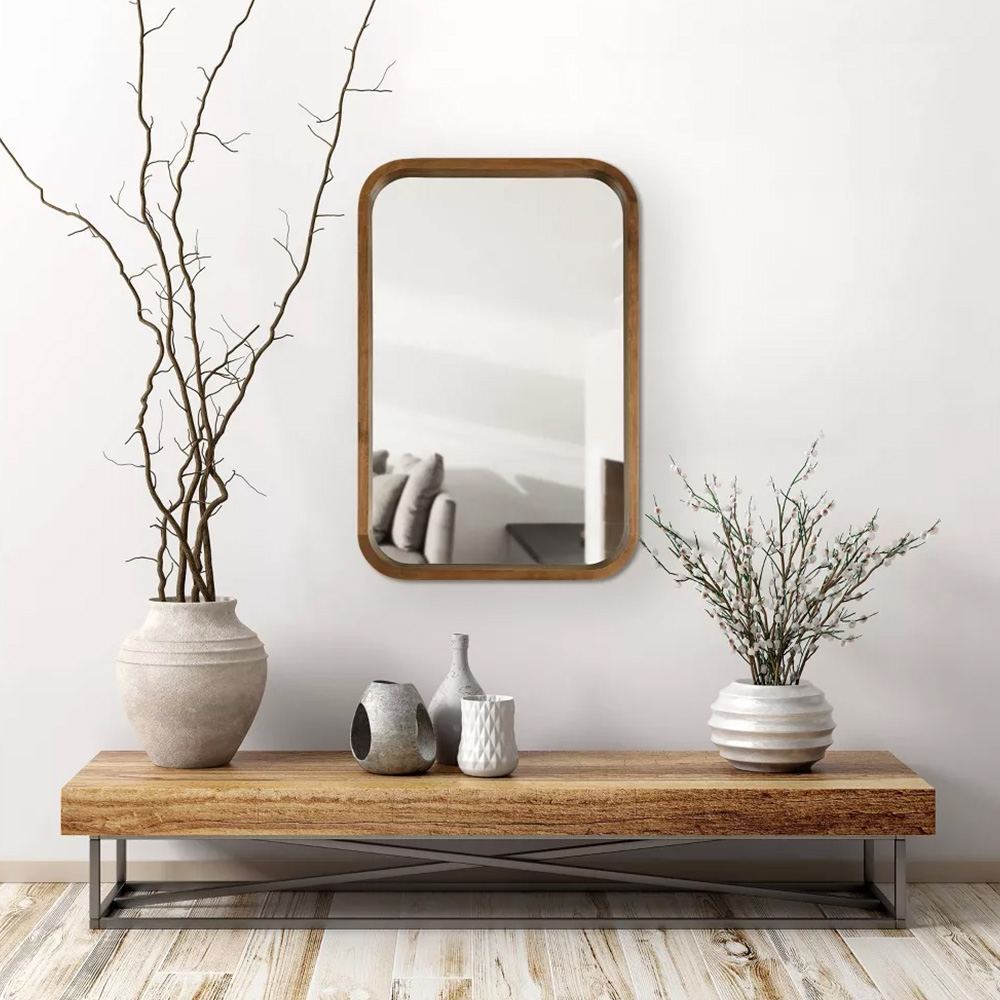Rectangle with Round Corner Vertical and Horizontal Install Home Decoration Solid Wooden Frame Wall Mirror
