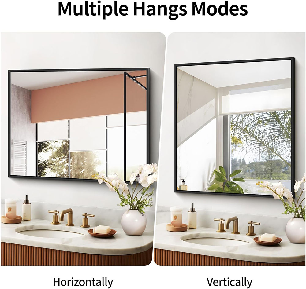 Straight Corner Rectangle Shape Both Vertical and Horizontal Install Bathroom Aluminum Alloy Framed Mirror