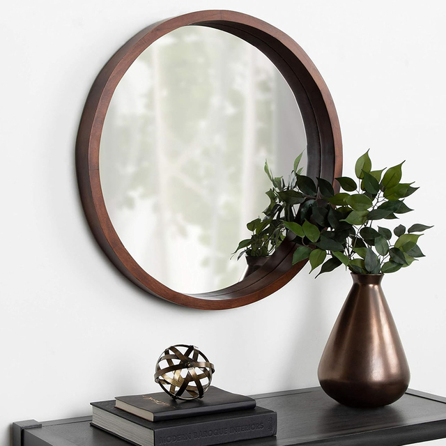 Burlywood Black White Walnut Color Round Shape Home Decoration Solid Wooden Frame Wall Mirror