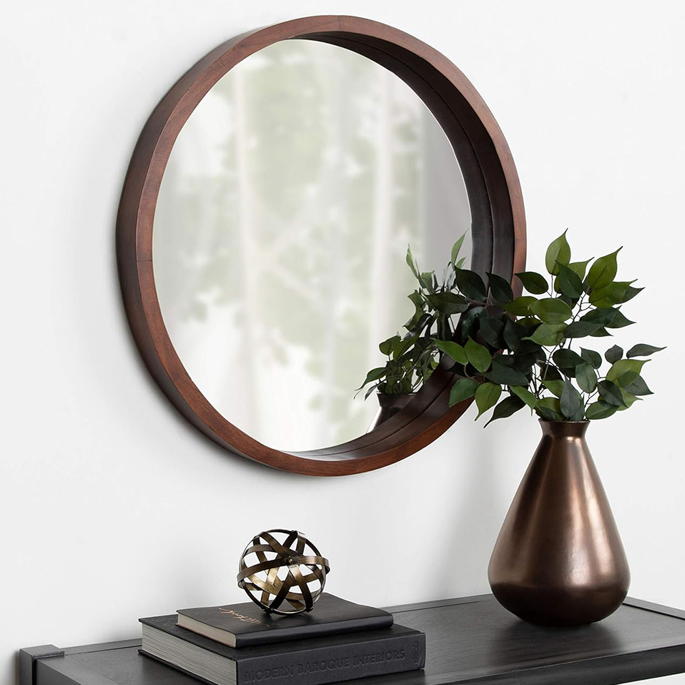 Burlywood Black White Walnut Color Round Shape Home Decoration Solid Wooden Frame Wall Mirror