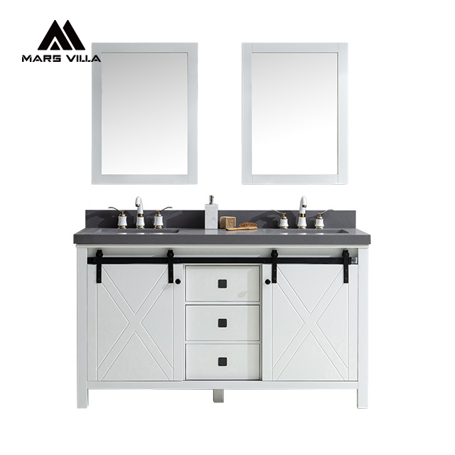 Solid Wood White Painted Floating Double Sink Bathroom Vanity with Mirrors