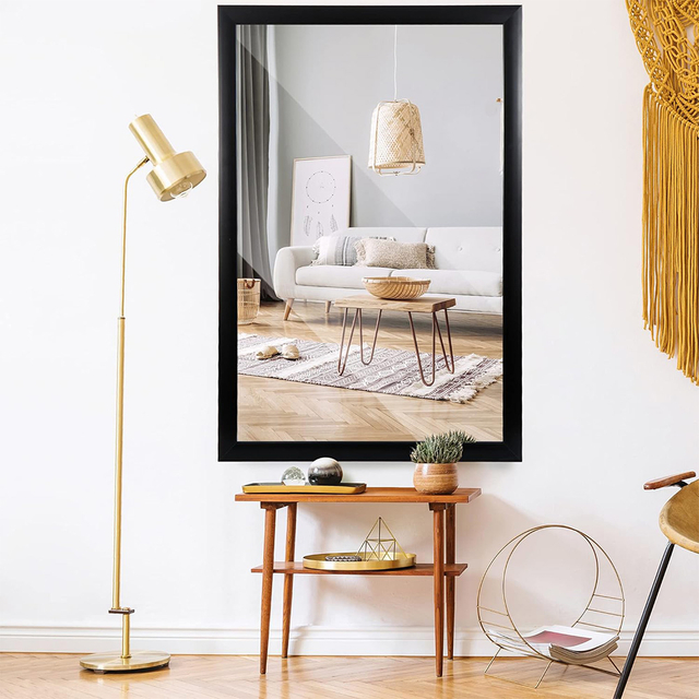 Black White Plastic PS PP Frame Home Decor Bathroom Wall Mirror with Straight Corner