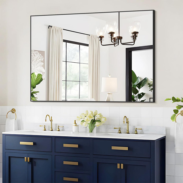 Straight Corner Rectangle Shape Both Vertical and Horizontal Install Bathroom Aluminum Alloy Framed Mirror