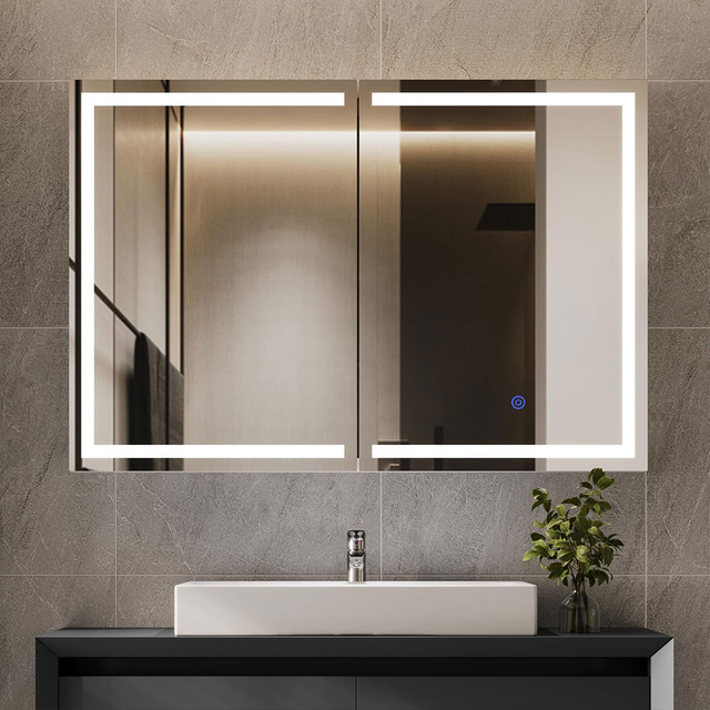 Multi-Function Double Door Wall Mounted Recessed Available Bathroom LED Mirror Medicine Cabinet with Adjustable Glass Shelf